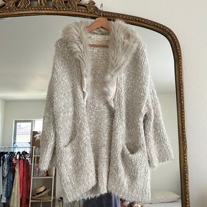 Anthropologie Cream Faux-Fur Trim Open Cardigan